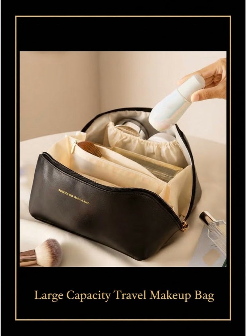 حقيبة مكياج للسفر بسعة كبيرة، حقيبة مستحضرات تجميل محمولة من جلد PU، طقم أدوات تجميل للنساء، مقاومة للماء للاستخدام في الحمام، متعددة الاستخدامات (أسود) - Image 3